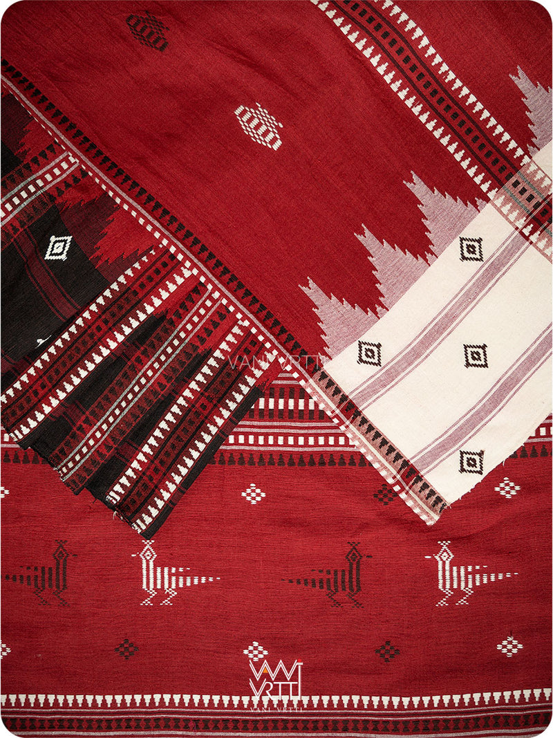 Madder Off White Black Tribal Masterweave Heavy Cotton Kotpad Saree