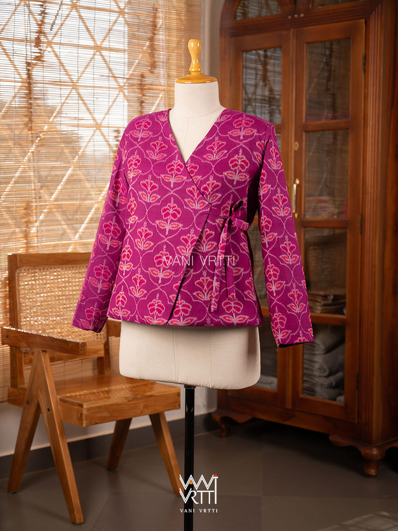 Pink Laal Jaba Reversible Parallel Ikat Overlap Waist Length Jacket
