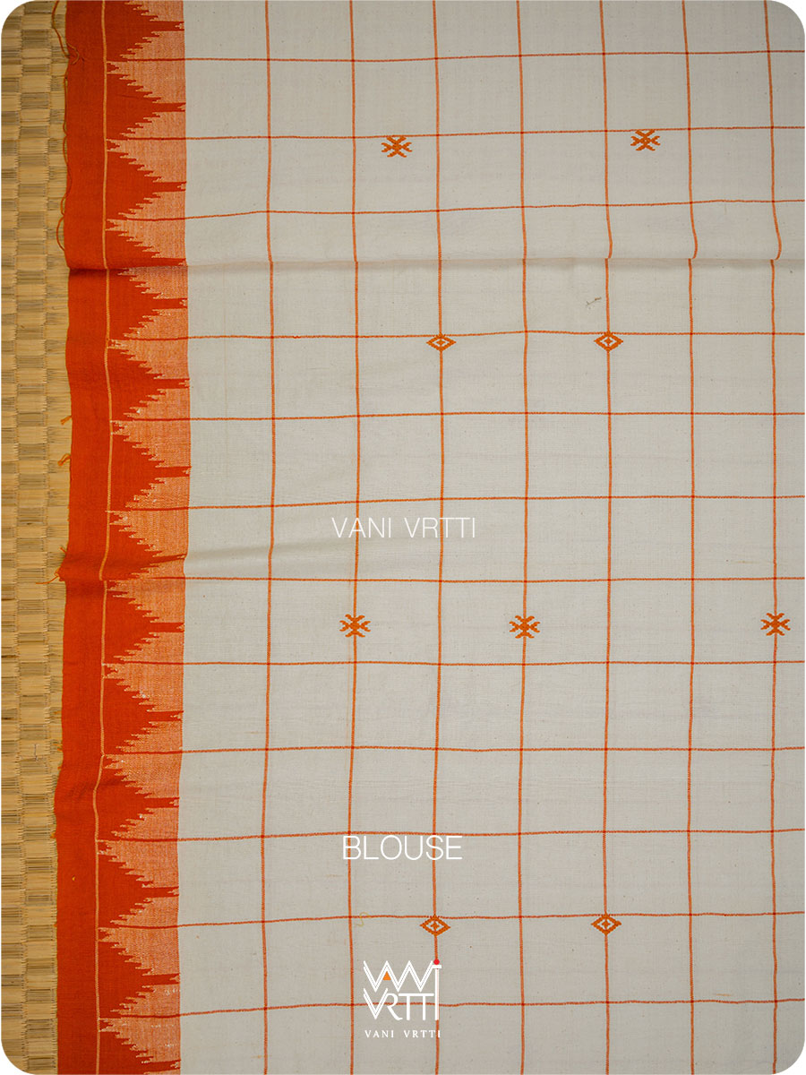 Off White Palash Orange Checks Medium Cotton Kotpad Saree