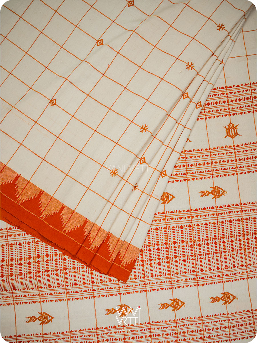 Off White Palash Orange Checks Medium Cotton Kotpad Saree