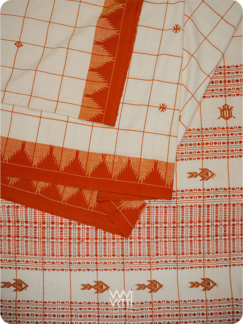 Off White Palash Orange Checks Medium Cotton Kotpad Saree