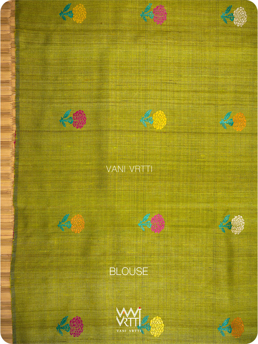 Emerald Green Marigold Wild Garden Master Weave Exclusive Handspun Tussar Silk Saree
