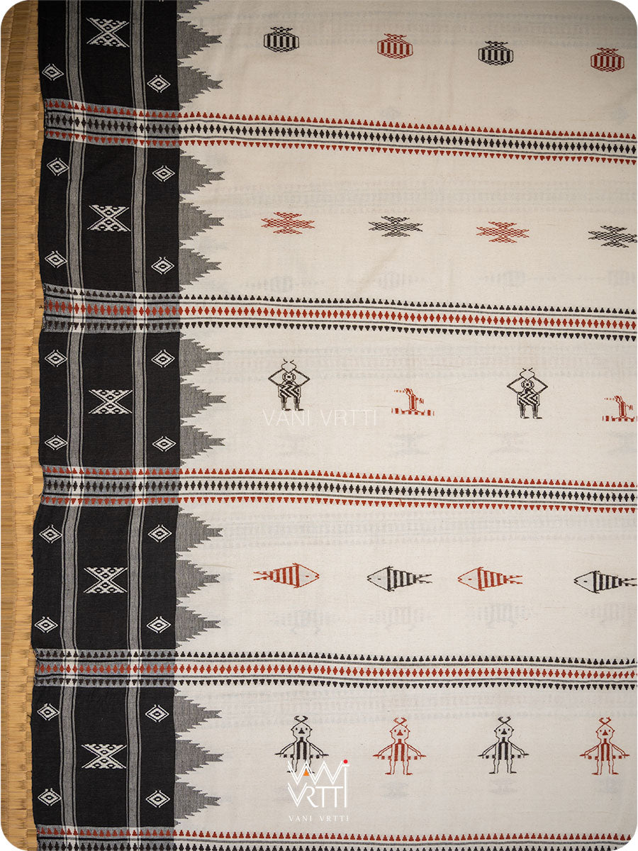 Off White Black Tribal Masterweave Heavy Cotton Kotpad Saree