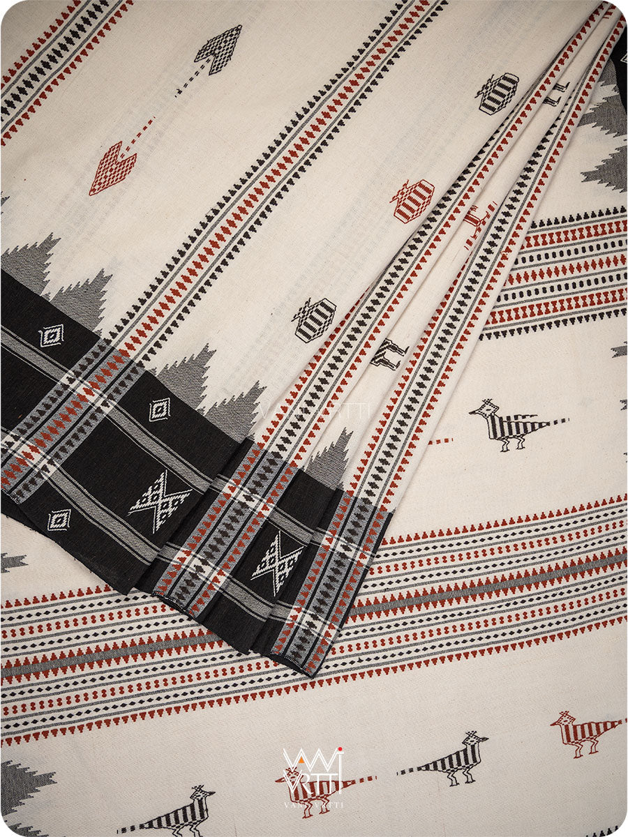 Off White Black Tribal Masterweave Heavy Cotton Kotpad Saree