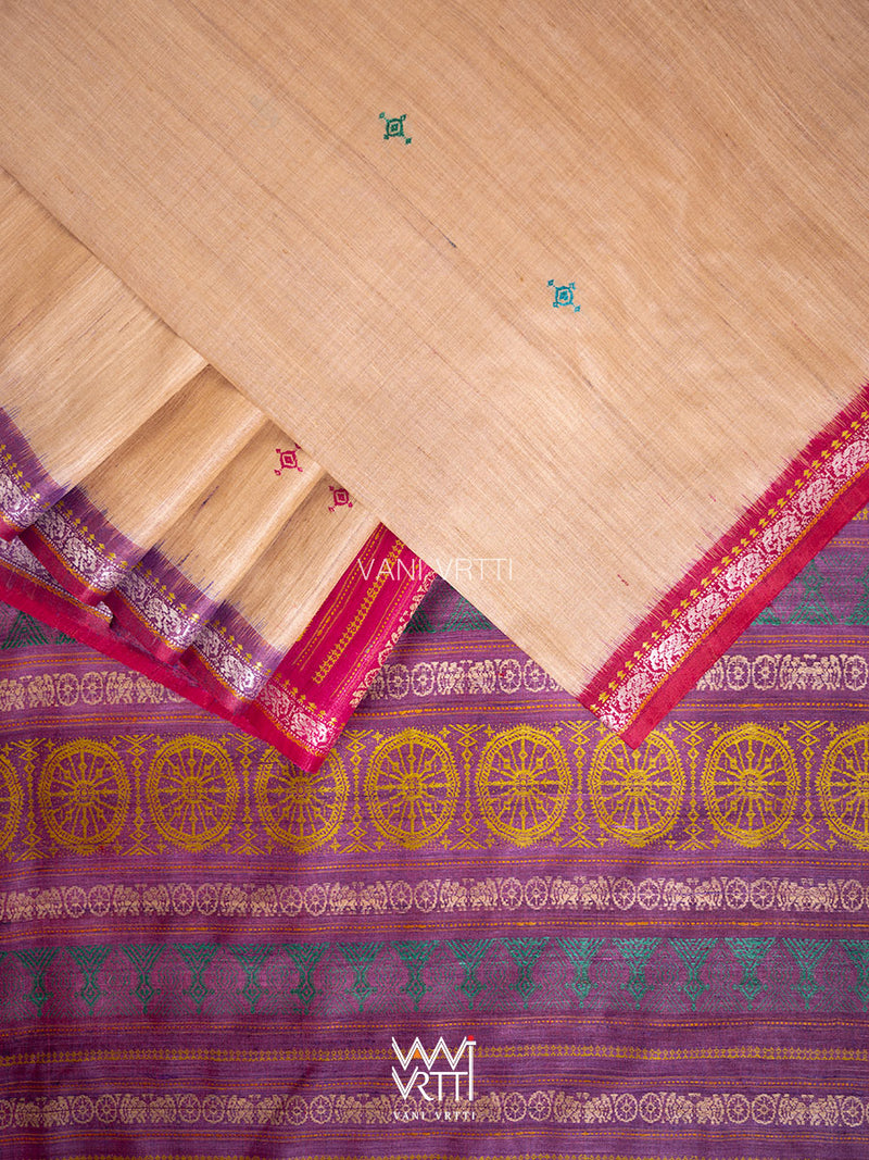 Natural Tussar Pink Purple Ganga Jamuna Airavata Konark Double Palla Handspun Tussar Silk Saree
