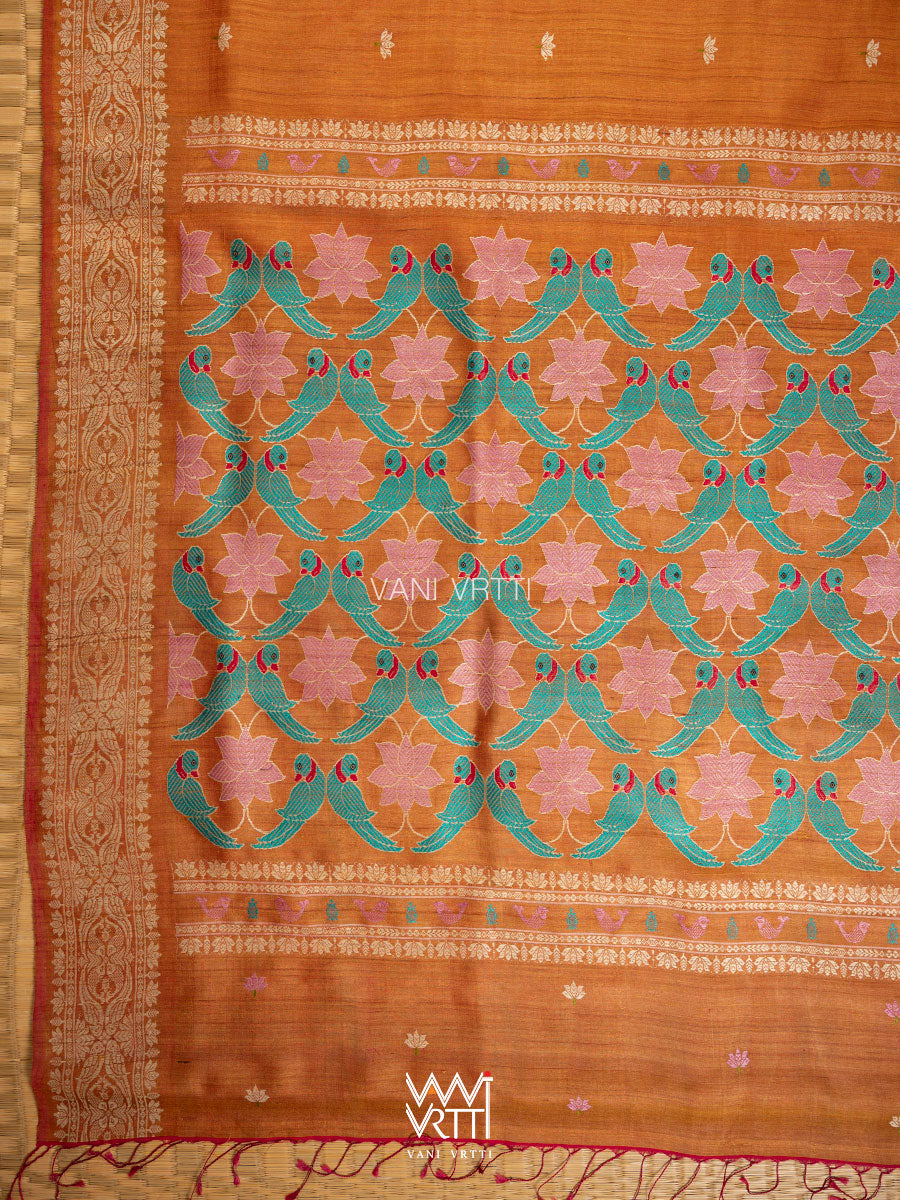 Rust Red Lotus Parrot Jaal Designer Exclusive Handspun Handwoven Tussar Silk Saree