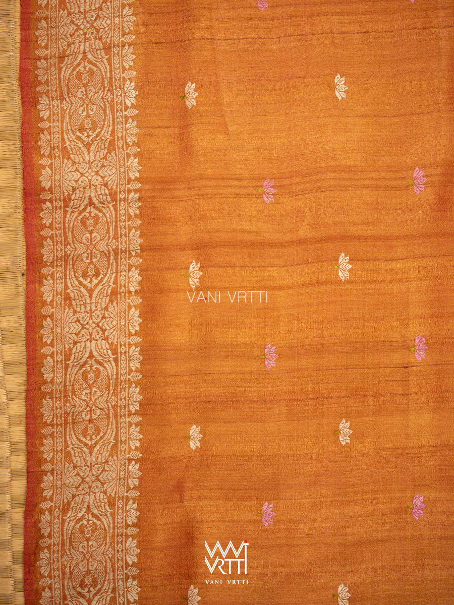 Rust Red Lotus Parrot Jaal Designer Exclusive Handspun Handwoven Tussar Silk Saree
