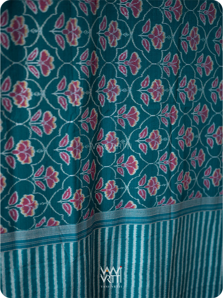 Deep Peacock Green Laal Jaba Single Ikat Fine Cotton Saree