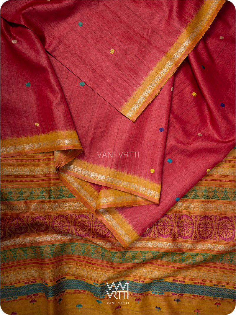 Ikat border close up in red and mustard tussar silk saree