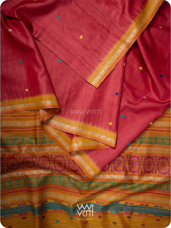 Red Mustard Airavata Konark Double Palla Handspun Tussar Silk Saree