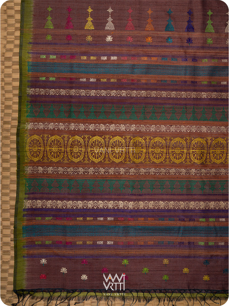 Brown Mehendi green Airavata Konark Handspun Tussar Silk Saree