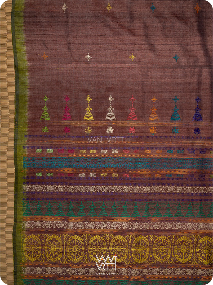 Brown Mehendi green Airavata Konark Handspun Tussar Silk Saree