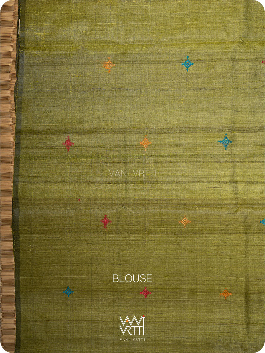 Brown Mehendi green Airavata Konark Handspun Tussar Silk Saree