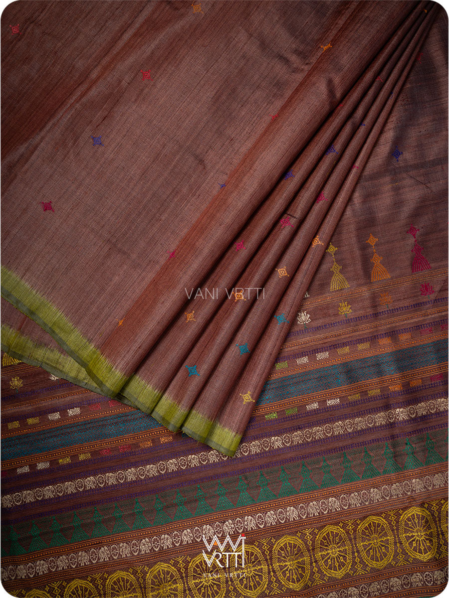 Brown Mehendi green Airavata Konark Handspun Tussar Silk Saree