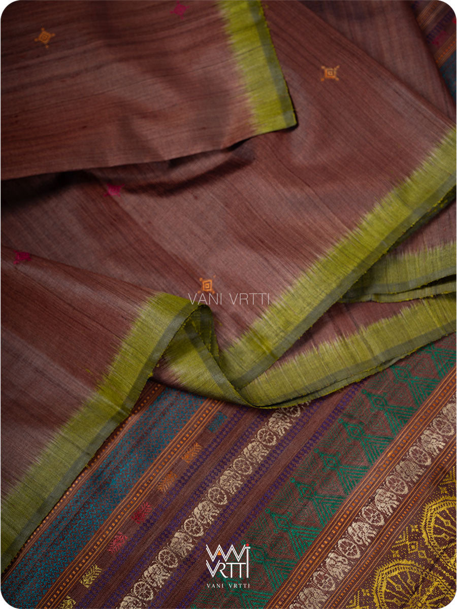 Brown Mehendi green Airavata Konark Handspun Tussar Silk Saree