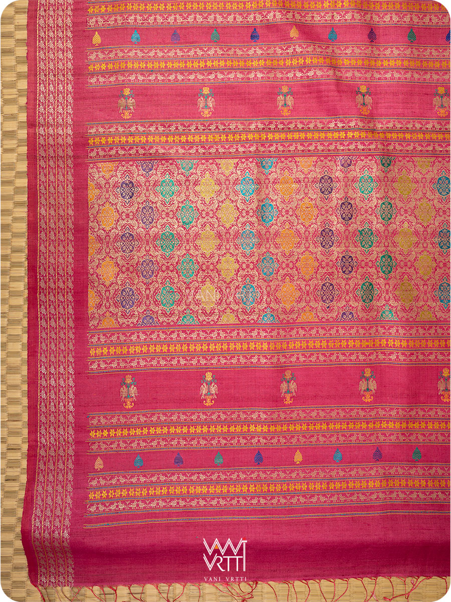Orange Pink Nightingale Master Weave Exclusive Handspun Tussar Silk Saree