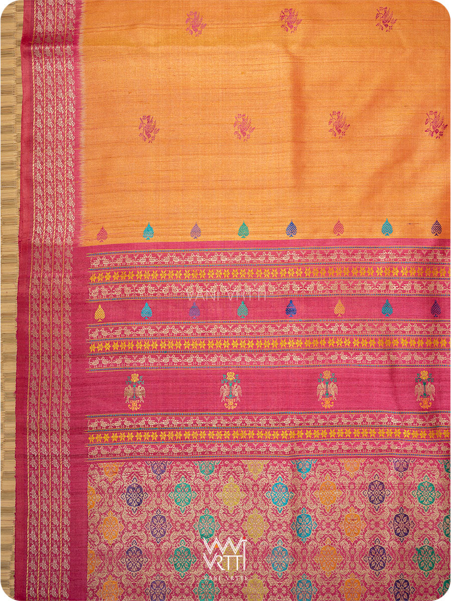 Orange Pink Nightingale Master Weave Exclusive Handspun Tussar Silk Saree