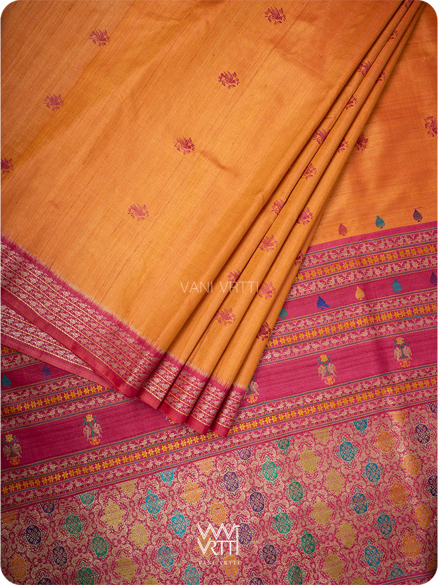Orange Pink Nightingale Master Weave Exclusive Handspun Tussar Silk Saree