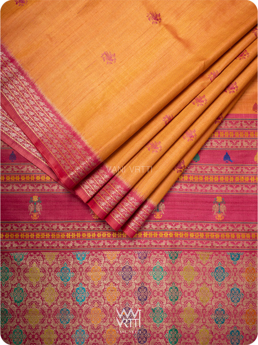 Orange Pink Nightingale Master Weave Exclusive Handspun Tussar Silk Saree