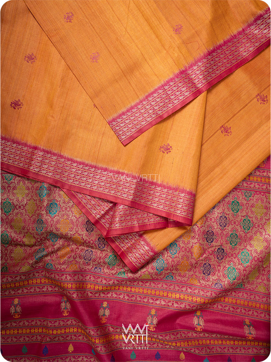 Orange Pink Nightingale Master Weave Exclusive Handspun Tussar Silk Saree