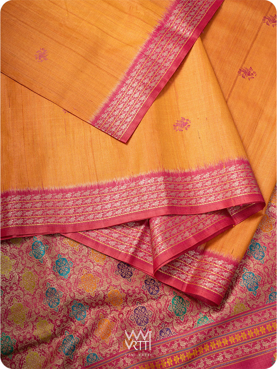 Orange Pink Nightingale Master Weave Exclusive Handspun Tussar Silk Saree