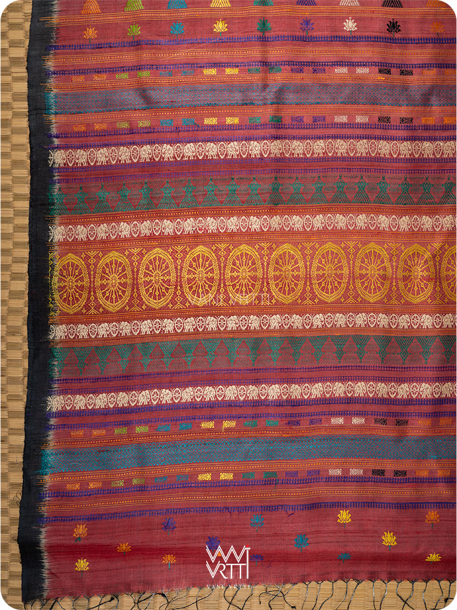 Red Black Airavata Konark Handspun Tussar Silk Saree