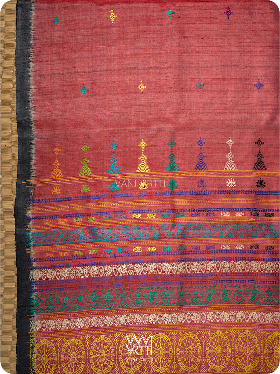 Red Black Airavata Konark Handspun Tussar Silk Saree