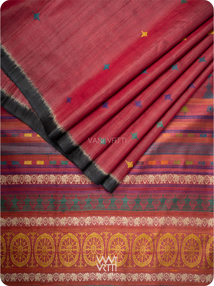 Red Black Airavata Konark Handspun Tussar Silk Saree