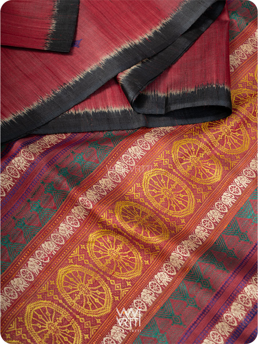 Red Black Airavata Konark Handspun Tussar Silk Saree