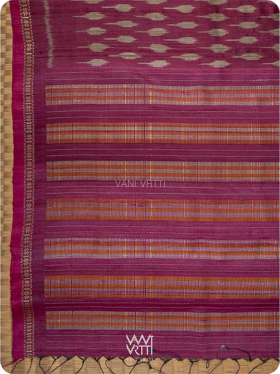 Burgundi Pink Kadamba Ikat Handspun Tussar Silk Saree