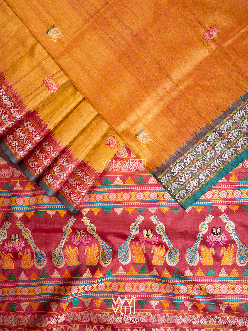 Mango Yellow Green Red Veena Pani Lata Master Weave Exclusive Handspun Tussar Silk Saree