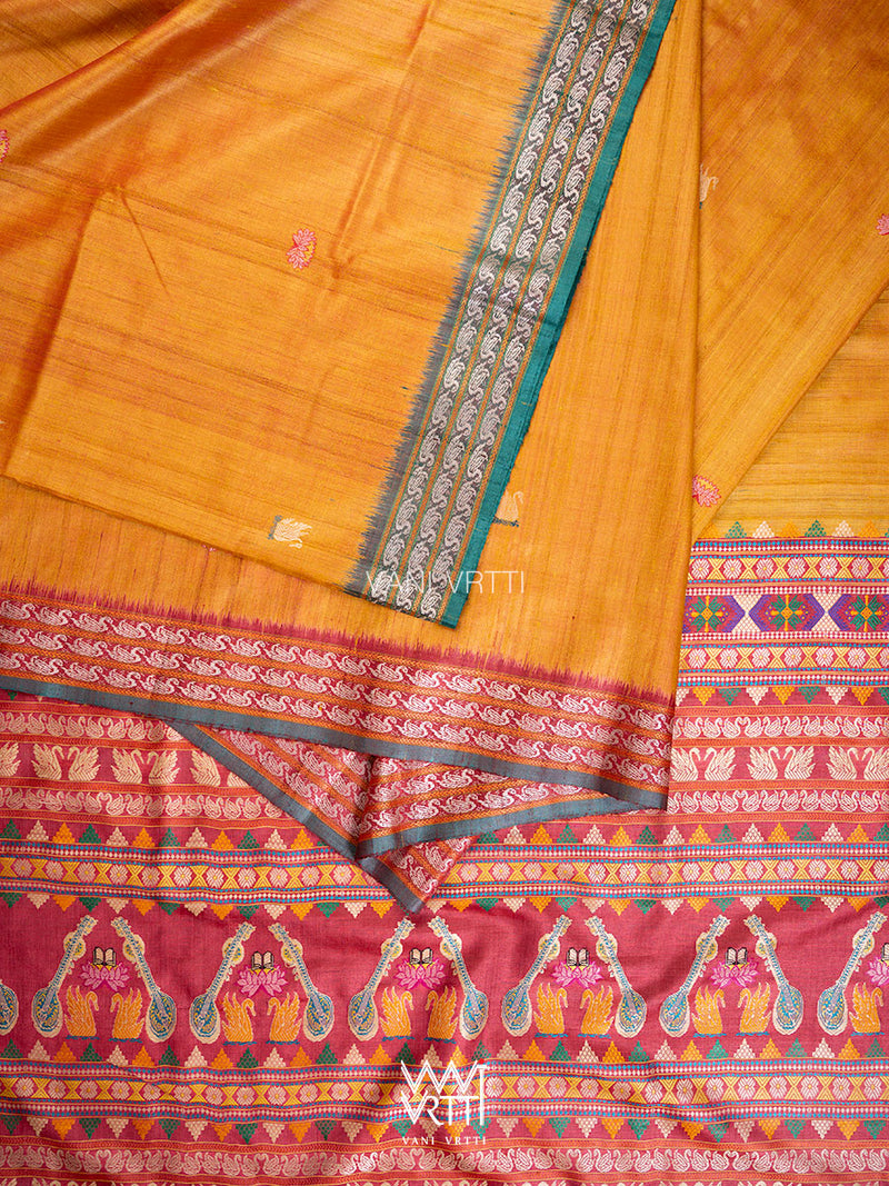 Mango Yellow Green Red Veena Pani Lata Master Weave Exclusive Handspun Tussar Silk Saree