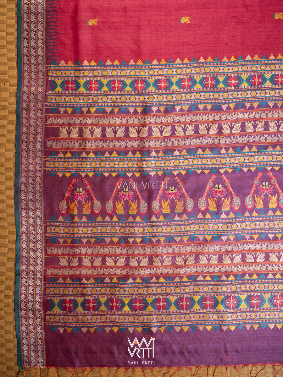 Red Purple Mustard Veena Pani Lata Master Weave Exclusive Handspun Tussar Silk Saree