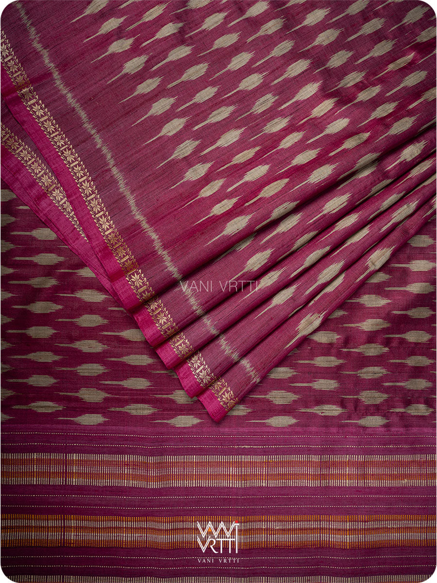 Burgundi Pink Kadamba Ikat Handspun Tussar Silk Saree