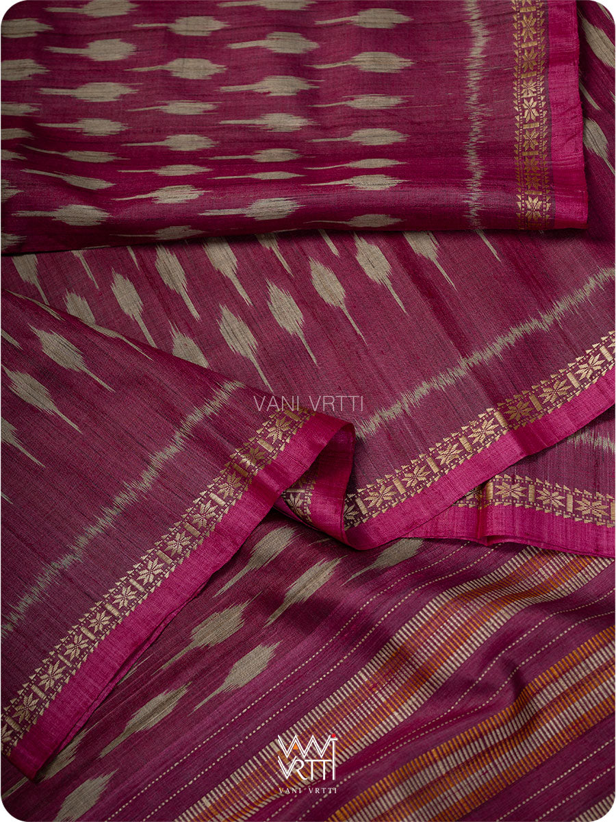 Burgundi Pink Kadamba Ikat Handspun Tussar Silk Saree