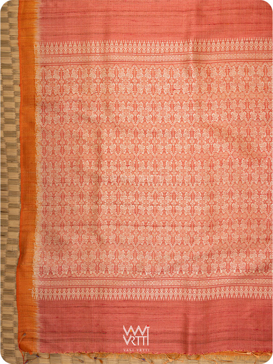 Deep Peach Red Nabh Butterfly Handspun Tussar Silk Saree