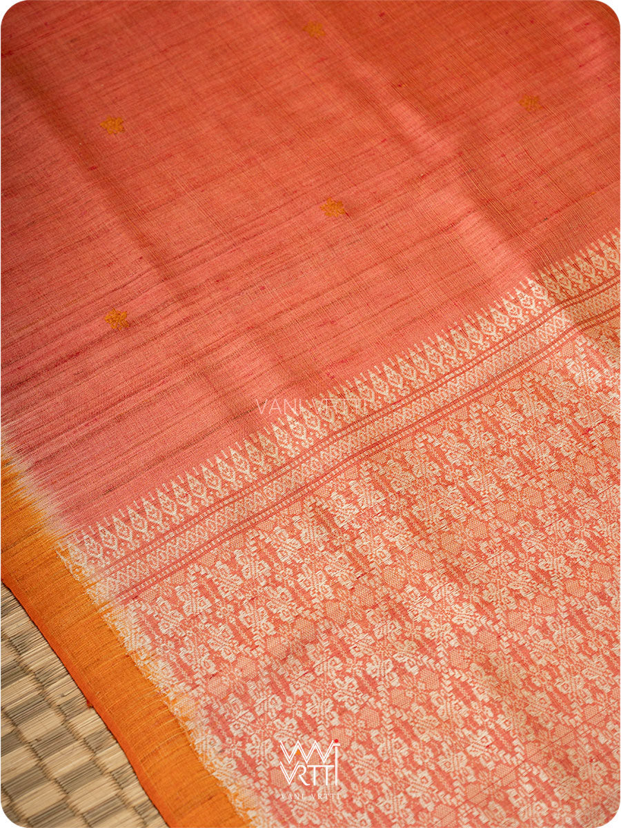 Deep Peach Red Nabh Butterfly Handspun Tussar Silk Saree