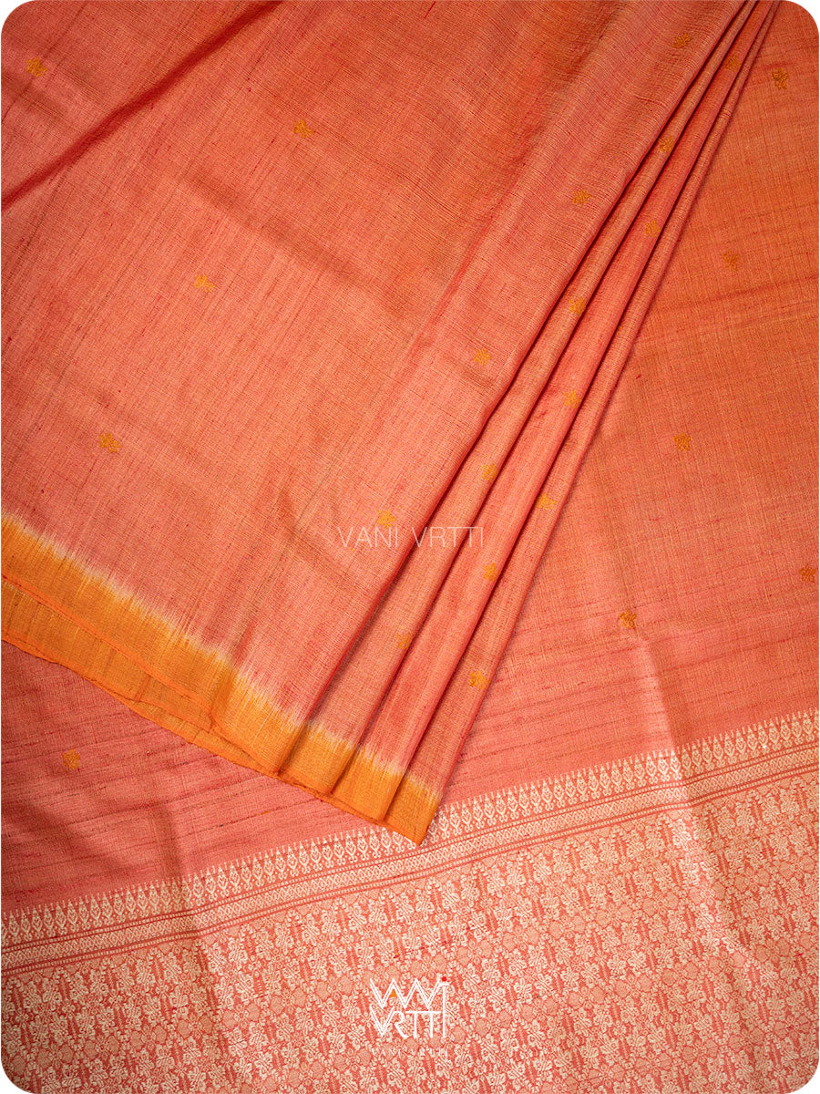 Deep Peach Red Nabh Butterfly Handspun Tussar Silk Saree