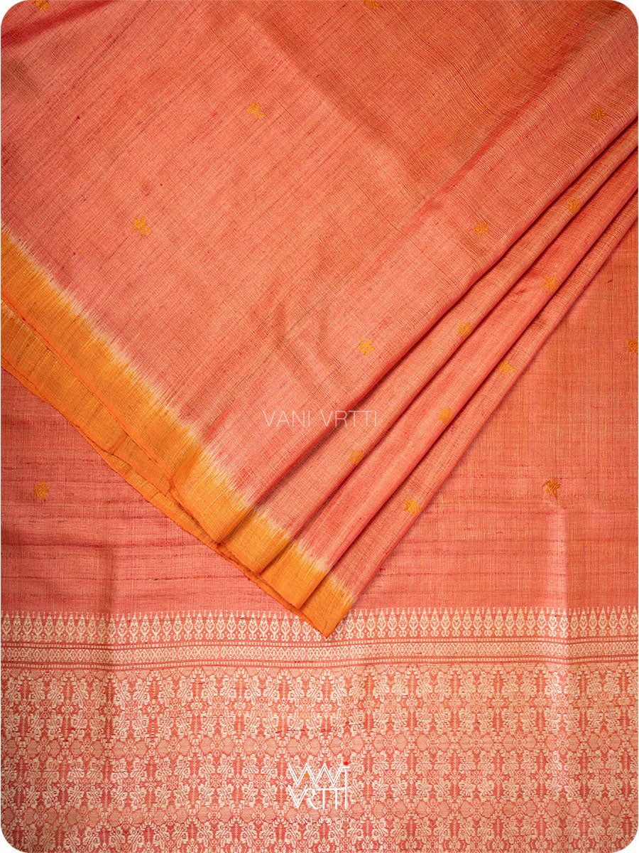 Deep Peach Red Nabh Butterfly Handspun Tussar Silk Saree