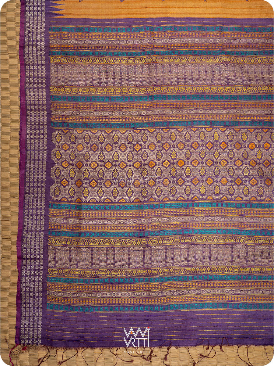 Rust Orange Purple Matsya Kachhap Handspun Tussar Silk Sari