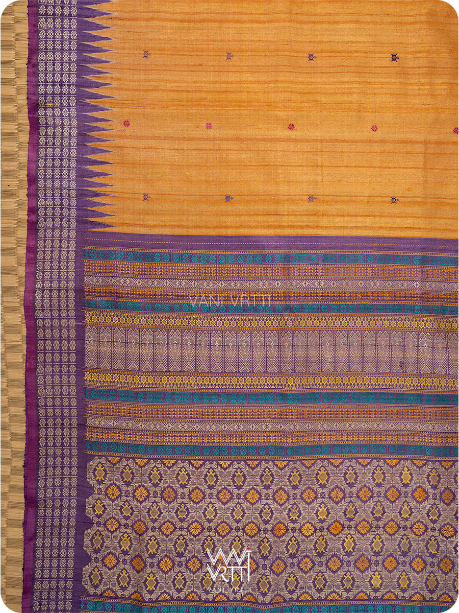 Rust Orange Purple Matsya Kachhap Handspun Tussar Silk Sari