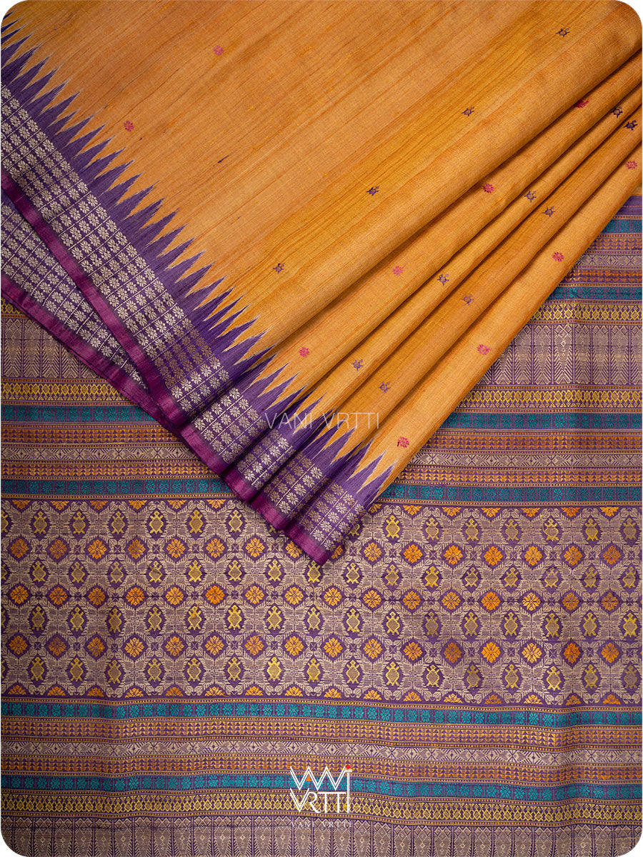 Rust Orange Purple Matsya Kachhap Handspun Tussar Silk Sari
