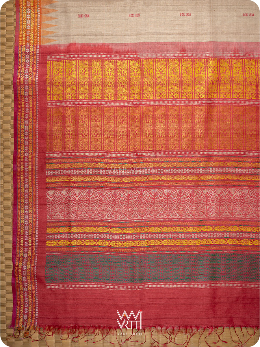 Off White Red Orange Ananta Handspun Tussar Silk Saree