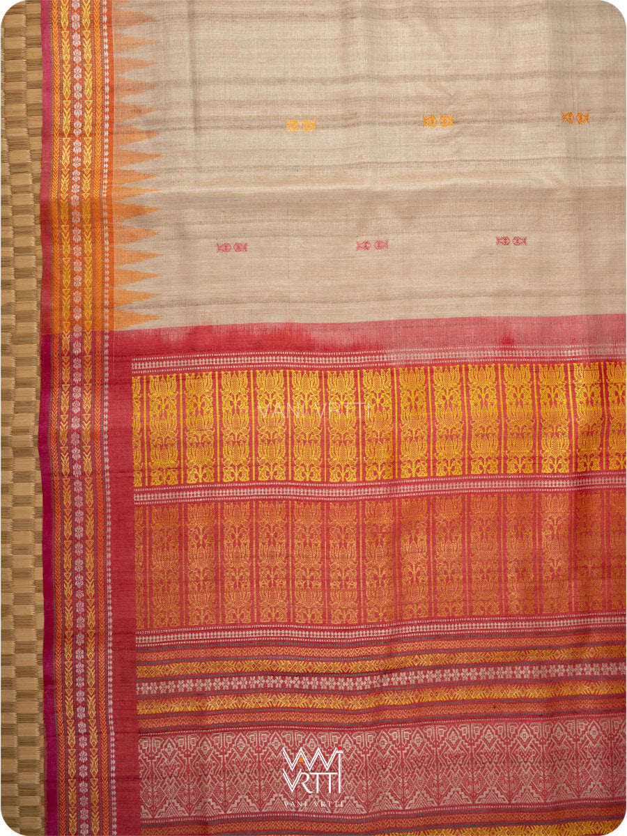 Off White Red Orange Ananta Handspun Tussar Silk Saree
