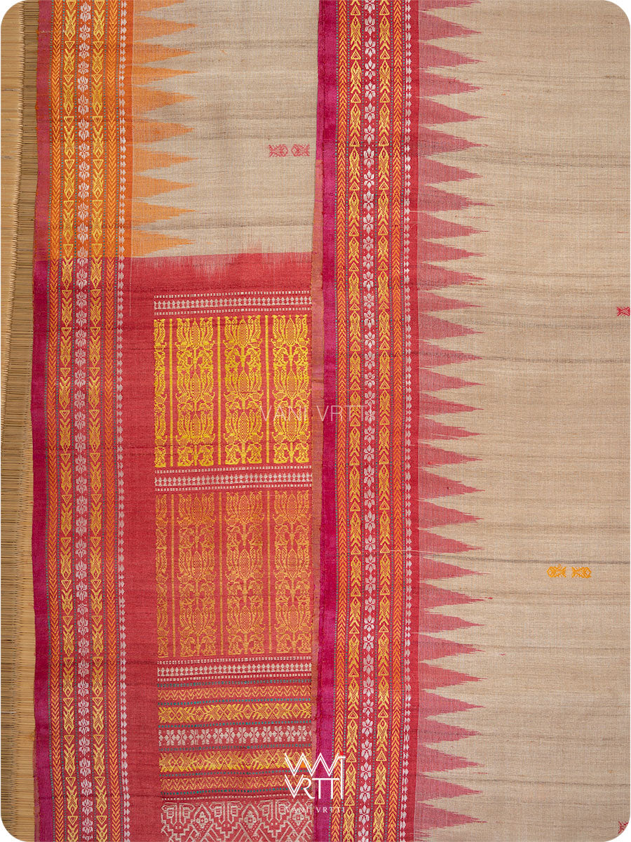 Off White Red Orange Ananta Handspun Tussar Silk Saree