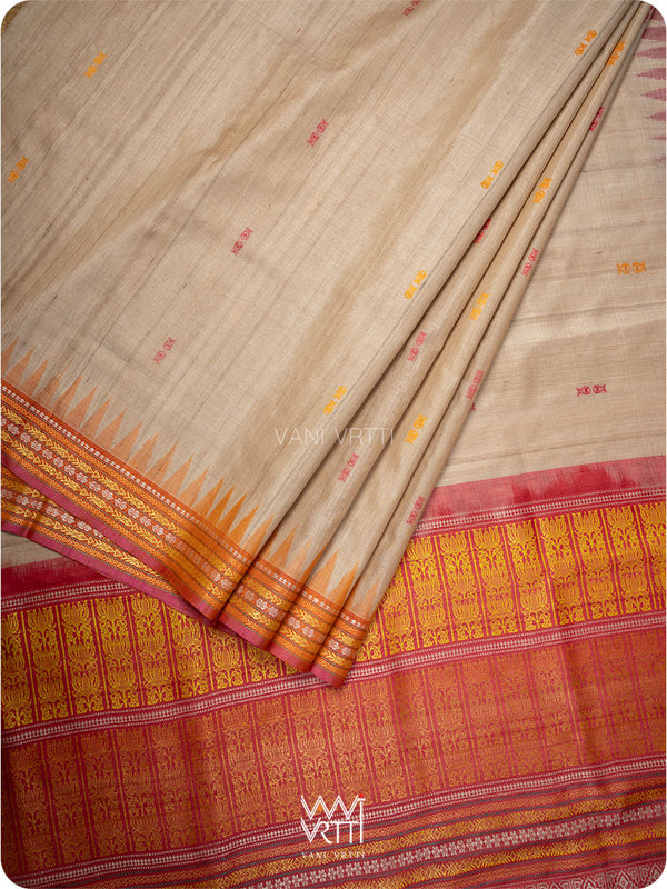 Off White Red Orange Ananta Handspun Tussar Silk Saree