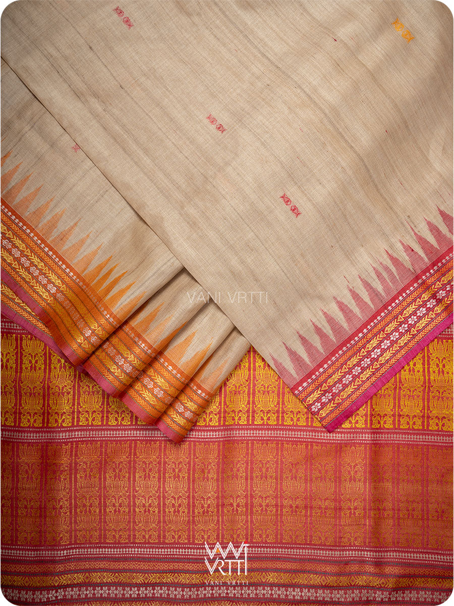 Off White Red Orange Ananta Handspun Tussar Silk Saree