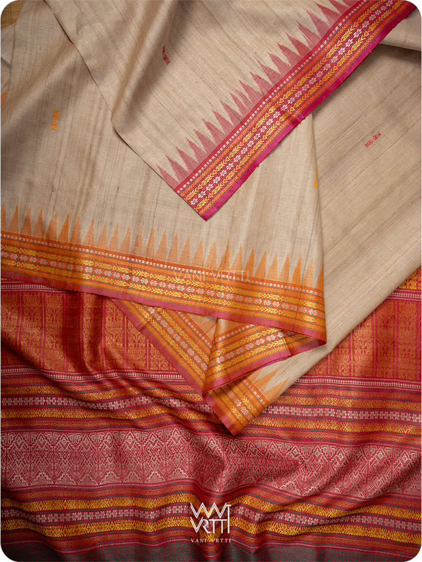 Off White Red Orange Ananta Handspun Tussar Silk Saree
