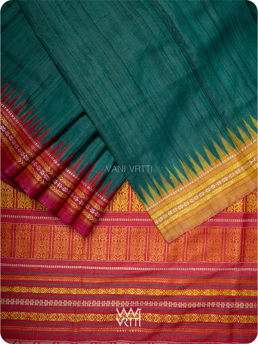 Teal Green Red And Olive Ganga Jamuna Ananta Handspun Tussar Silk Saree