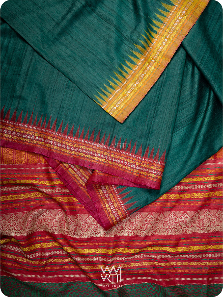 Teal Green Red And Olive Ganga Jamuna Ananta Handspun Tussar Silk Saree